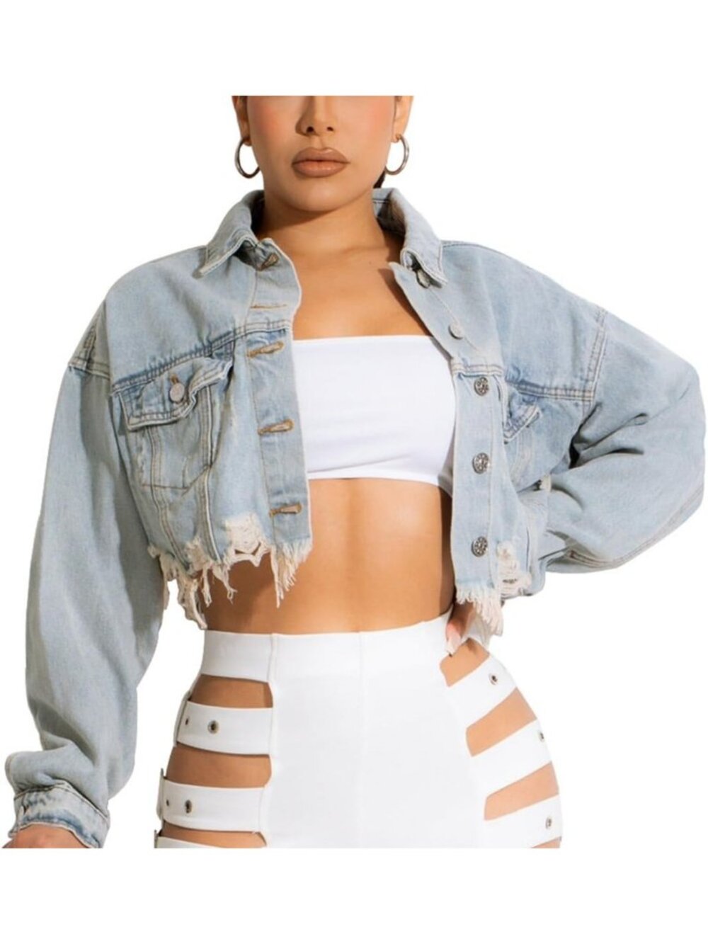 Cropped Distressed Denim Jacket for Women | Ripped Button-Up Long Sleeve, Frayed